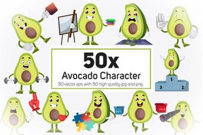 50x Avocado Character and Mascot Collection illustration.