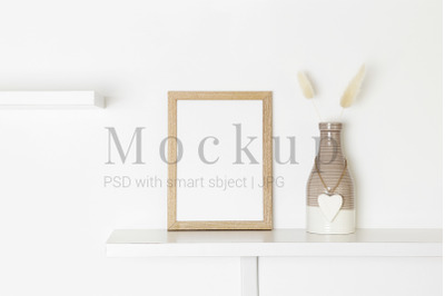 Beige Photo Frame Mockup On Shelf