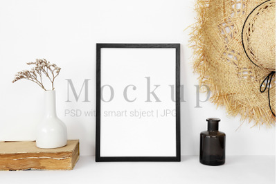 Black Photo Frame Mockup With White Vase