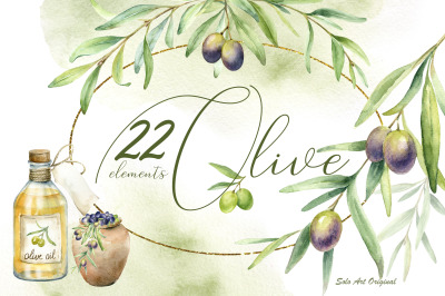 Olive trees. Watercolor clipart set.