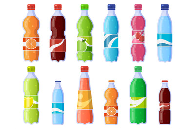 Soda drink bottles. Soft drinks in plastic bottle, sparkling soda and