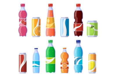 Soft drink cans and bottles. Soda bottled drinks, soft fizzy canned dr