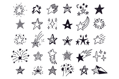 Doodle stars. Hand drawn sketch stars, starry doodles drawing icons. S