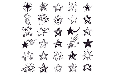 Hand drawn star sketch. Doodle stars sketch, drawing ink starburst and