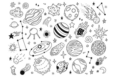 Space doodles. Sketch space planets, hand drawn celestial bodies, eart