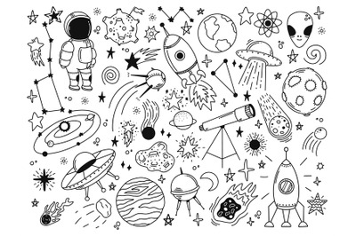 Hand drawn space. Doodle space planets, astrology cosmic doodles, tele