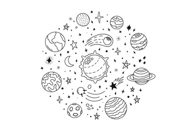 Doodle solar system. Hand drawn sketch planets, cosmic comet and stars