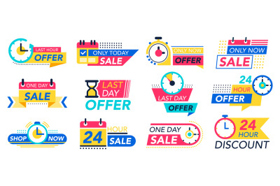 Countdown badges. Sale timer promo stickers, countdown one day sales,