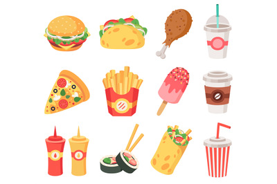 Junk street food. Fast food, doodle takeaway food and snacks, french f