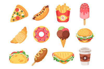 Fast food. Junk food and snacks, hamburger, taco, french fries, donut