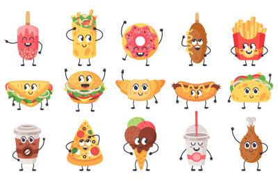 Funny food mascots. Cute doodle junk food mascot, fast food with faces