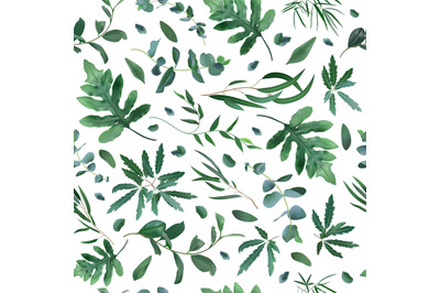 Realistic plants pattern. Seamless leaves eucalyptus, fern plant patte