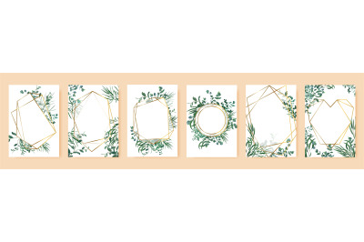 Green leaf frames. Spring wedding invitations&2C; floral branches gold ge