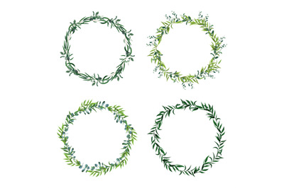 Round leaf borders. Circle green leaves wreath, floral frames, decorat