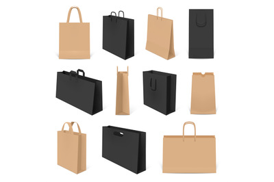 Realistic shopping bags. Paper 3d bag mockup&2C; craft handbags and corpo