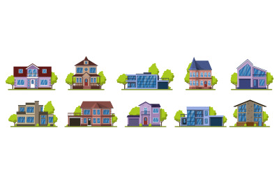 Cottage houses. Suburban real estate, modern country street buildings.