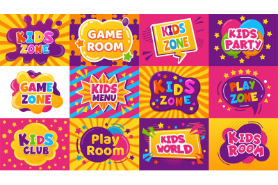 Kids game zone banner. Children game party posters&2C; kid play area&2C; ent