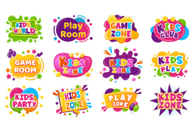 Kids entertainment badges. Game room party labels, children education