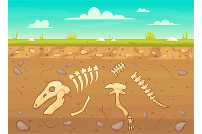 Cartoon reptile bones ground. Archeology buried bones game underground