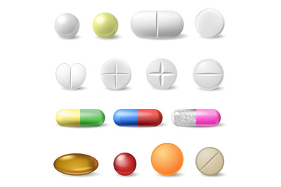 Realistic medical pills. Medicine healthcare vitamins and antibiotics