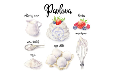 Watercolor Pavlova and cooking ingredient. Food illustration