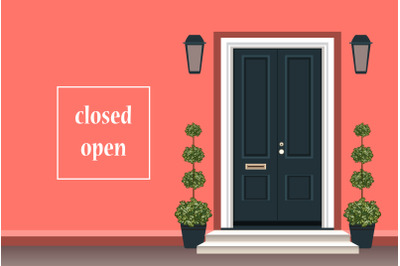 Apartment building with door. Closed open door concept design banner