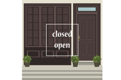 Apartment building with door. Closed open door concept design banner