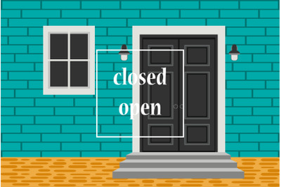 Apartment building with door. Closed open door concept design banner