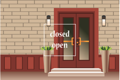 Apartment building with door. Closed open door concept design banner