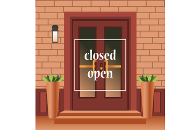 Apartment building with door. Closed open door concept design banner