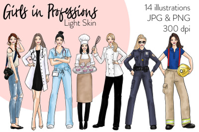 Watercolor Fashion Clipart - Girls in Professions - Light skin