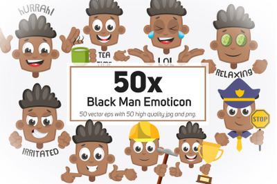 50x Black Man Emoticon or Sticker character collection illustration.
