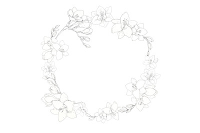 Freesia blossom wreath, circle frame hand drawn with pen ink
