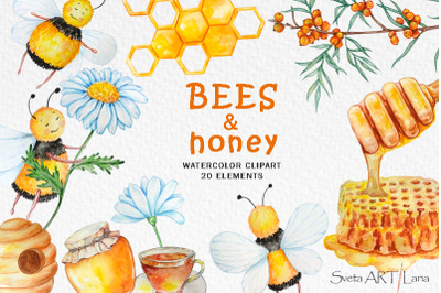Honey and Bee Watercolor Clipart