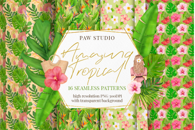 Tropical Seamless Patterns With Flowers, Leaves. Exotic Transparent Ba