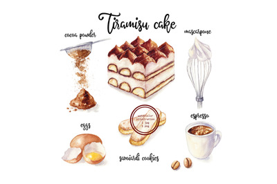 Watercolor Tiramisu and cooking ingredient. Food illustration