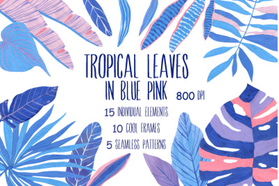 Tropical leaves in blue pink