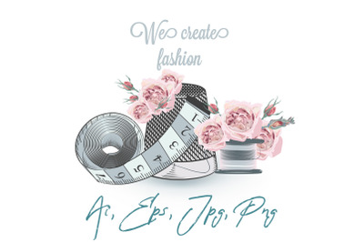 Fashion vector illustration with sewing accessories and roses