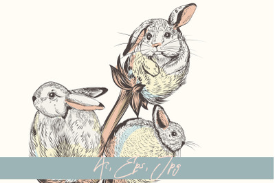 Easter card with hand drawn vector rabbits