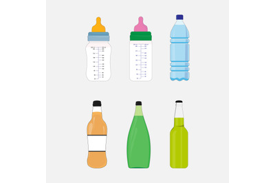 illustration design of various shapes of drink bottles and milk bottle