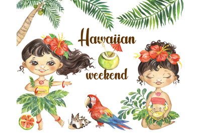 Watercolor Tropical clipart, Tropical clipart, Hawaii clipart, girls