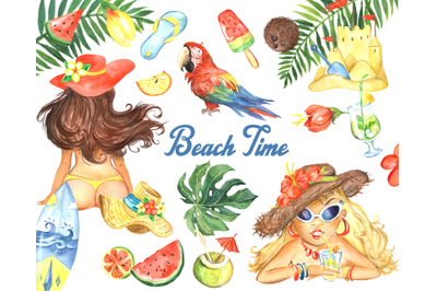 Watercolor Beach clipart, Watercolor Tropical Summer clipart