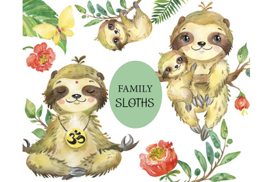 Watercolor Sloth family Clipart. Tropical Clipart. Baby jungle animal