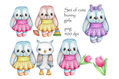 Set of cute cartoon spring Bunny girls.