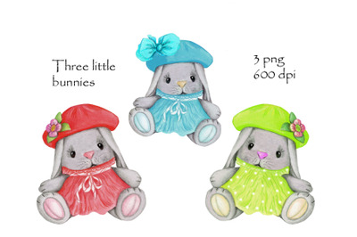 Three little bunnies. Watercolor illustration.