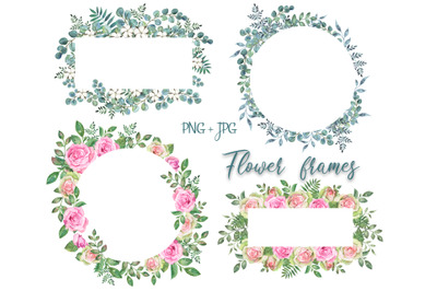 Watercolor Floral Frame Clipart, roses, greenery, eucalyptus, flowers.
