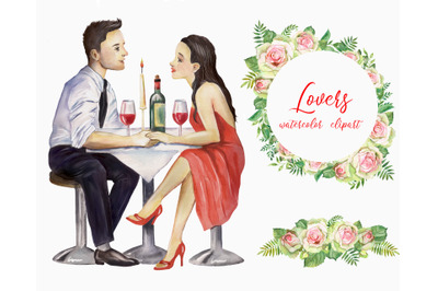 Lovers watercolor clipart, couple in love, love, romance