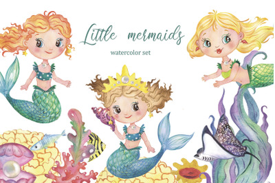 Mermaids. Watercolor clipart mermaid, sea, baby girl, fairy tale
