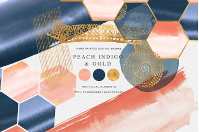Watercolor Shapes Peach and Indigo Gold Shapes Watercolor Splashes Wed