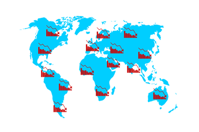 World map with decline chart, global crisis and recession